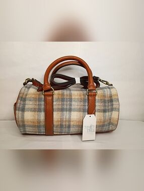 Time and Tru Tan and Blue Plaid Barrel Shoulder Bag with Brown Trim